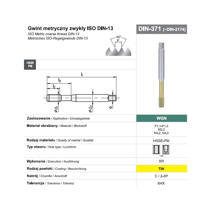 Machuelo de roscar M10 DIN 371C (6HX) SR HSSE-PM WGN TiN