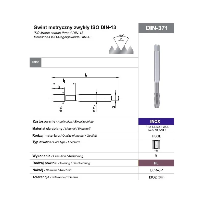 Machuelo de máquina M10 DIN 371B 6H HSSE-PM HL INOX para acero inoxidable