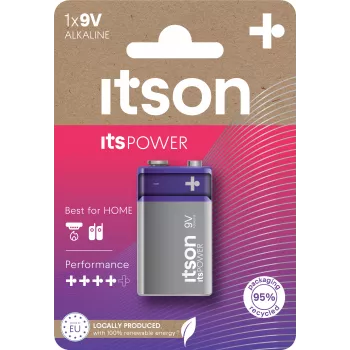 ITSON 6LR61IPO/1CP Pila alcalina de 9V (6LR61, PP3, 1 pack) – Sin mercurio, 5 años de vida útil