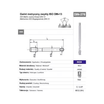 M12 Machuelo de máquina DIN 376 C 6H HSSE-Co5 para acero inoxidable