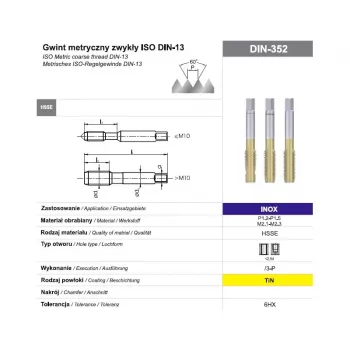 M5 Juego de machuelos manuales, 3 piezas, HSSE con recubrimiento TiN, DIN 352, 6HX, para acero inoxidable