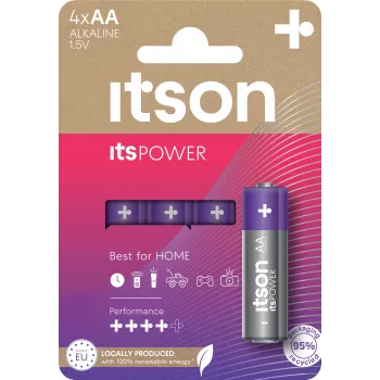 Pilas alcalinas ITSON LR6IPO/4CP AA, pack de 4, 1,5V, larga vida útil