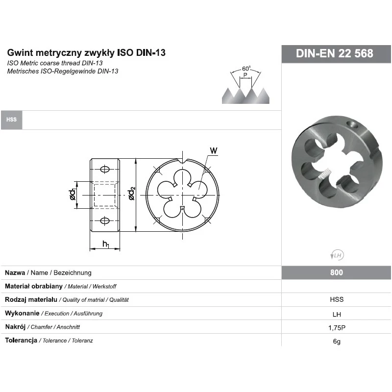 NO NAME FANAR DIE M16 LEFT THREAD Cojinete de roscar redondo, HSS, DIN 223, 6g, métrico M16 x 2,0 mm, izquierda