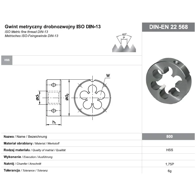 Cojinete de roscar redondo M16x1 DIN-22568 (6g) HSS 800