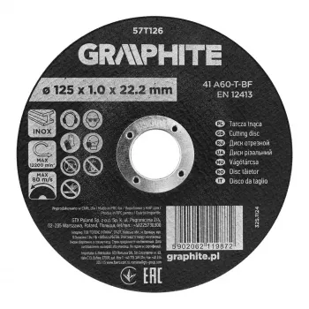 GRAPHITE disco de corte de corindón 125 x 1,0 x 22,2 mm para metal y acero inoxidable, 41 A60-T-BF, 110 unidades en caja