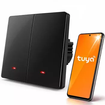 Interruptor de luz inteligente Wi-Fi de 2 canales Qoltec 52708 con temporizador, Tuya Smart Life, negro