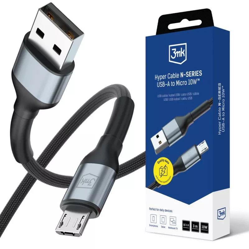 3mk Hyper Cable N-SERIES USB-A a Micro 3m QC 3.0 5V/2A 10W Negro