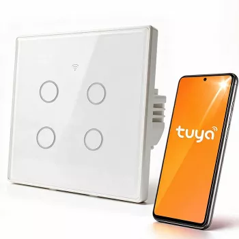 Qoltec 52718 Interruptor de luz Wi-Fi inteligente táctil de 4 canales con temporizador, Tuya/Smart Life, vidrio templado, blanco
