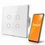 Qoltec 52718 Interruptor de luz Wi-Fi inteligente táctil de 4 canales con temporizador, Tuya/Smart Life, vidrio templado, blanco