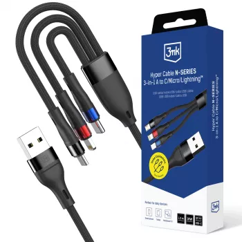 3mk Hyper Cable N-SERIES 3 en 1 USB-A a USB-C/Lightning/MicroUSB 1,2m 9V/2A 18W Negro