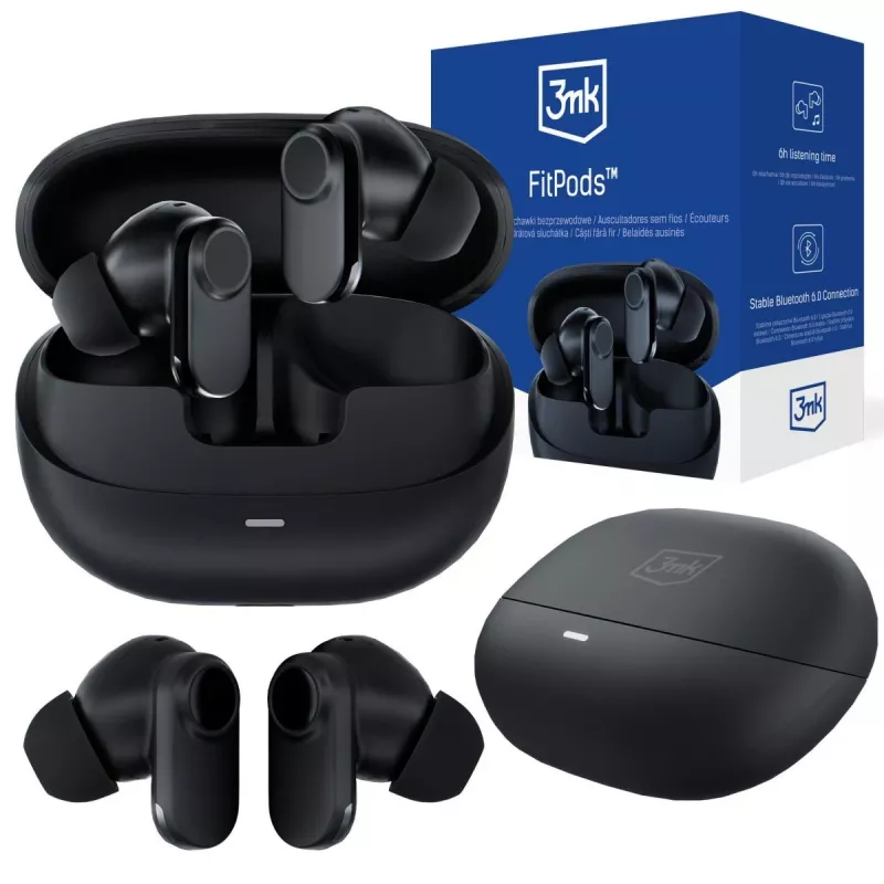 Auriculares True Wireless Stereo 3mk FitPods BT 6.0 con estuche de carga, Bluetooth 5.0, control táctil, IPX4, negros