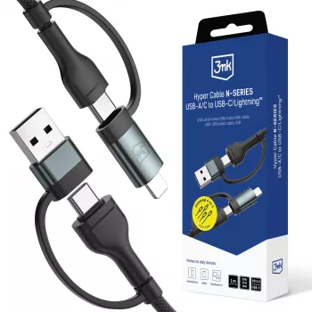 3mk Hyper Cable N-SERIES USB-A/USB-C a USB-C/Lightning 1,2 m 9V/2A 60W negro