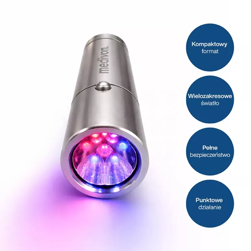 MEDIVON Lumix lámpara de fototerapia LED compacta, 5 longitudes de onda 460–900 nm, temporizador de 5 minutos, batería de iones de litio, plateada