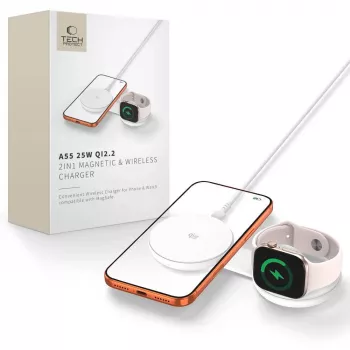TECH-PROTECT A55 Cargador Magnético MagSafe 2 en 1 25W Qi2.2 Blanco