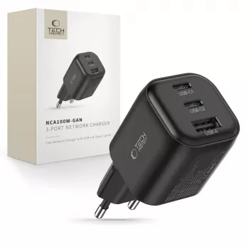 TECH-PROTECT NCA100W-GaN fuente de alimentación GaN de 3 puertos 100W PD 3.2 / QC3.0 negra