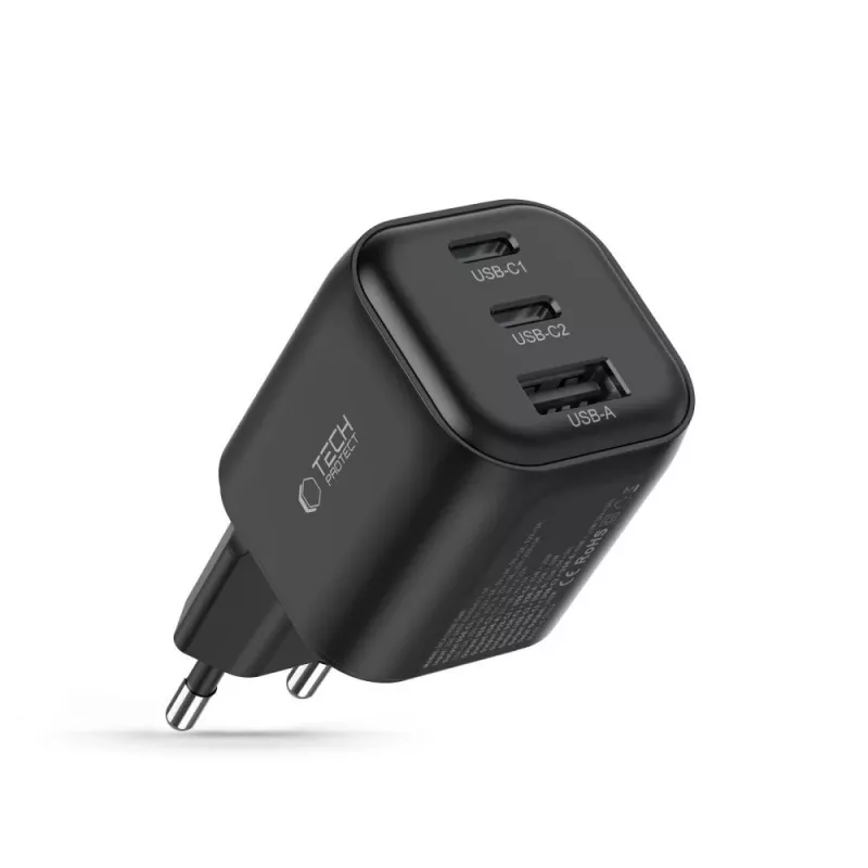 TECH-PROTECT NCA100W-GaN fuente de alimentación GaN de 3 puertos 100W PD 3.2 / QC3.0 negra