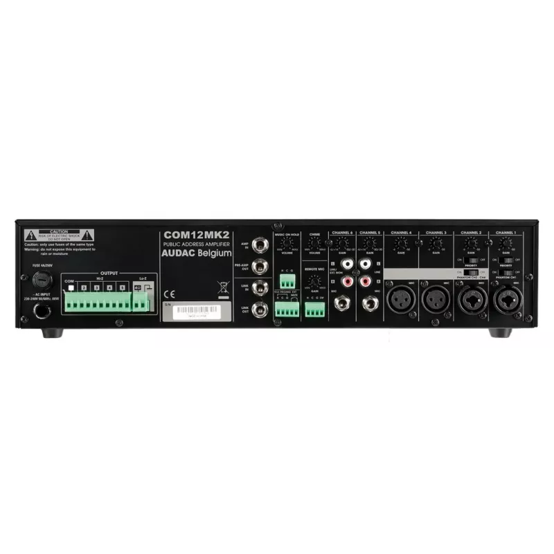 Amplificador mezclador PA AUDAC COM12MK2 120W con salidas 100V/70V/4Ω, 2 entradas mic/3 line, alimentación prioritaria y phantom, montaje en rack 2U, Negro