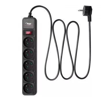 Akyga AK-SP-05A regleta de enchufes con protección contra sobretensiones, 5 x CEE 7/5 (Type E), interruptor, 1,8 m, negra