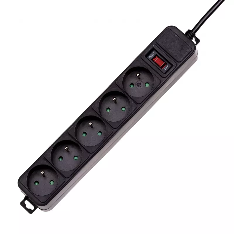 Akyga AK-SP-05A regleta de enchufes con protección contra sobretensiones, 5 x CEE 7/5 (tipo E), interruptor, 1,8 m, negra