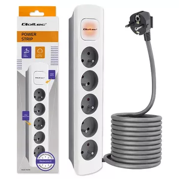 Qoltec regleta de 5 tomas con interruptor, cable de 1,8 m, blanco-gris