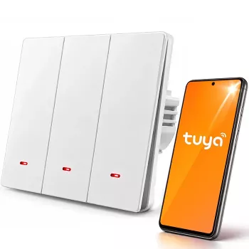 Qoltec interruptor de luz inteligente Wi-Fi de 3 canales con temporizador, Tuya y Smart Life, blanco
