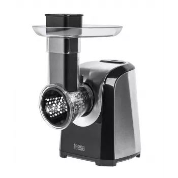 TEESA TSA3025 Set eléctrico de rallador de verduras y picadora de carne – 1900 W máx, 350 W nominales, 2,3 kg/min, 3 discos para carne, 4 tambores ralladores, embutidora, accesorio Kubbe, exprimidor de cítricos, blanco