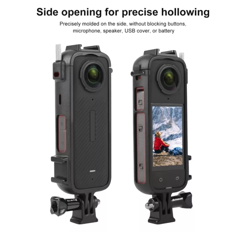PULUZ PU979B funda protectora con soporte y doble zapata de flash en frío para Insta360 X4 – Negro