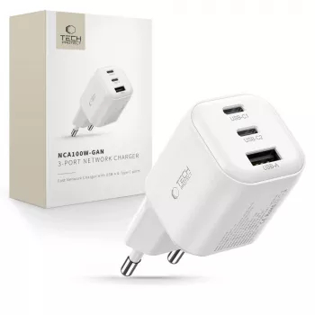 TECH-PROTECT NCA100W-GAN-AVS cargador de red GaN de 3 puertos PD 3.2 100W / QC3.0 blanco