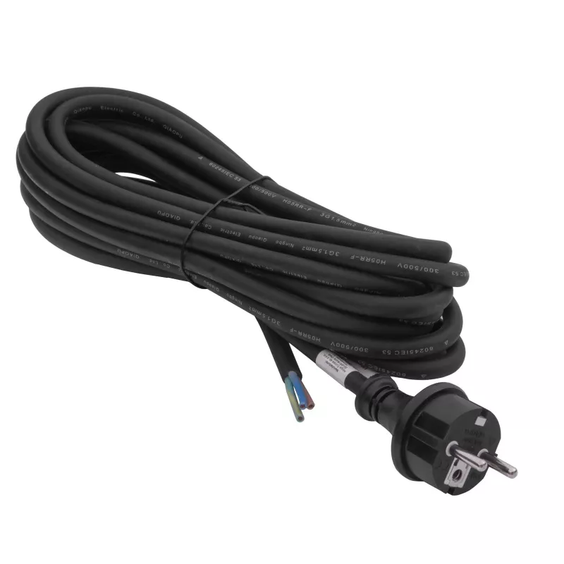 Akyga AK-OT-04S Cable de alimentación de goma H05RR-F 3 x 1,5 mm², conector CEE-7/7 a extremo abierto, 5 m, negro