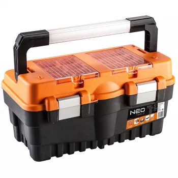 NEO TOOLS Caja de herramientas 18 TOP-84-102 | Organizador con bandeja extraíble, 2 compartimentos y cierres metálicos
