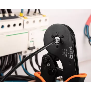 Alicate de crimpar automático de trinquete para terminales de 0,25-16 mm² (AWG 23-5), crimpado cuadrado, 210 mm, mango ergonómico de dos componentes, negro/naranja