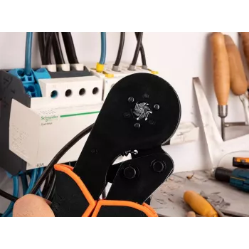 Alicate de crimpar automático de trinquete para terminales de 0,25-16 mm² (AWG 23-5), crimpado cuadrado, 210 mm, mango ergonómico de dos componentes, negro/naranja