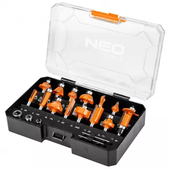 Set de 15 fresas de carburo de tungsteno NEO TOOLS con vástago de 8 mm en maletín de madera