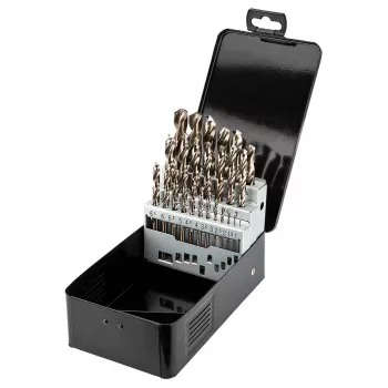 Set de 25 brocas para metal HSS-Co cobalto NEO TOOLS, 1,0–13,0 mm, rectificado completo, ángulo de punta 135°, DIN 338, estuche metálico