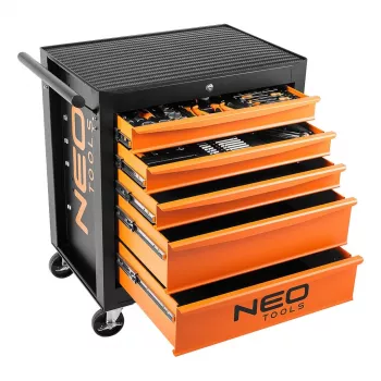 Armario de taller NEO TOOLS, 5 cajones + 117 herramientas, guías de cajones con rodamientos, cierre centralizado, carga estática 400 kg, negro