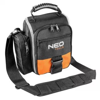NEO TOOLS 84-315 Bolsa de herramientas con asa, carga 15 kg, 10 bolsillos exteriores, base impermeable, negro/naranja
