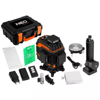NEO TOOLS 75-140 Nivel láser 3D, 12 líneas verdes, 3 x 360°, recargable, con maletín de transporte, diana, fijación magnética, cargador