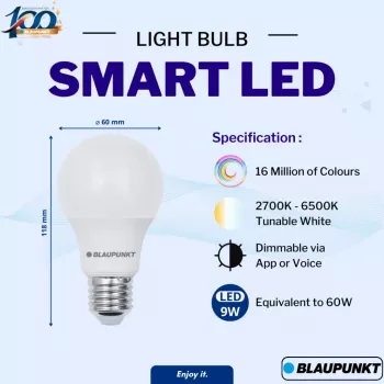 Bombilla LED inteligente Blaupunkt E27 9W A60 – Tunable White y RGB, Wi-Fi, Alexa/Google Assistant