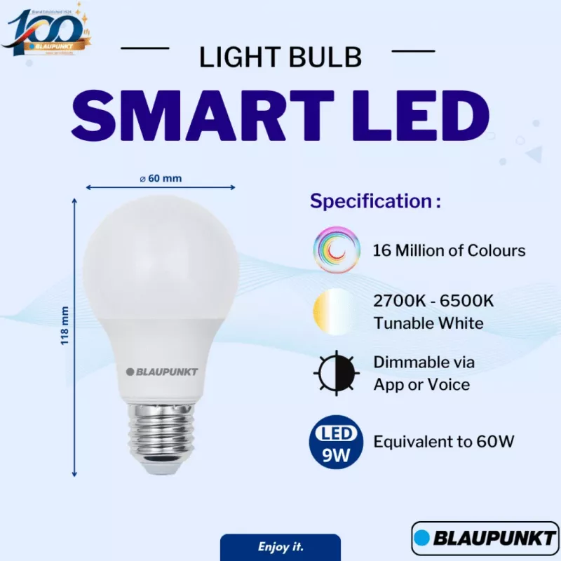 Bombilla LED inteligente Blaupunkt E27 9W A60 – Tunable White y RGB, Wi-Fi, Alexa/Google Assistant