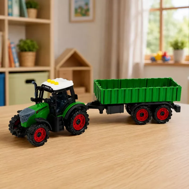 LEAN TOYS Tractor con remolque agrícola, propulsión por fricción, luz y sonido, 35 cm