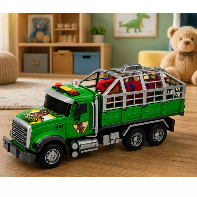 LEAN TOYS Camión transportador con jaula Figura de dinosaurio T-Rex con luz y sonido 1:12
