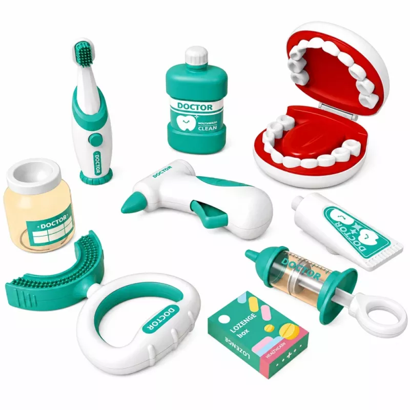 LEAN TOYS Pequeño set de dentista con cepillo de dientes vibratorio, azul, 15 piezas