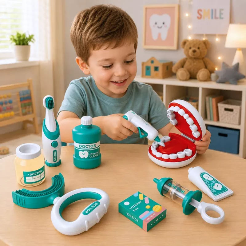 LEAN TOYS Pequeño set de dentista con cepillo de dientes vibratorio, azul, 15 piezas