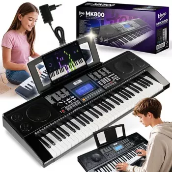 V-TONE MK800 Teclado electrónico didáctico portátil, 61 teclas con respuesta dinámica, 300 sonidos, 300 ritmos, 40 canciones de demostración, pantalla LCD, USB-MIDI, salida de auriculares, entrada de micrófono, entrada de pedal de sustain, 2x5W altavoces, negro