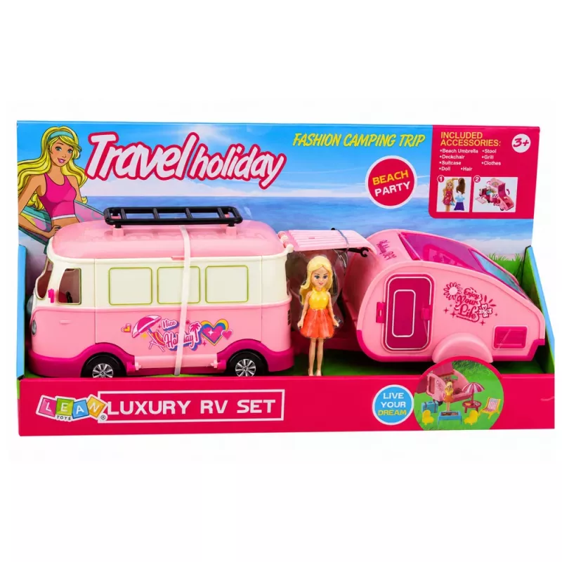 LEAN TOYS Set de viaje autocaravana con remolque muebles para muñecas accesorios Rosa