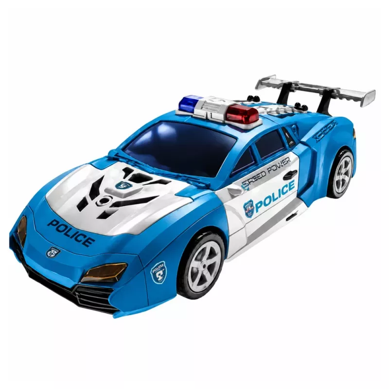 LEAN TOYS Robot coche 2en1 lanzador de coche de policía mini robot luces sonidos