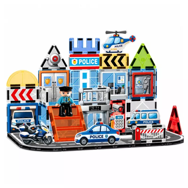 LEAN TOYS Bloques magnéticos base de policía vehículos policía 44 piezas
