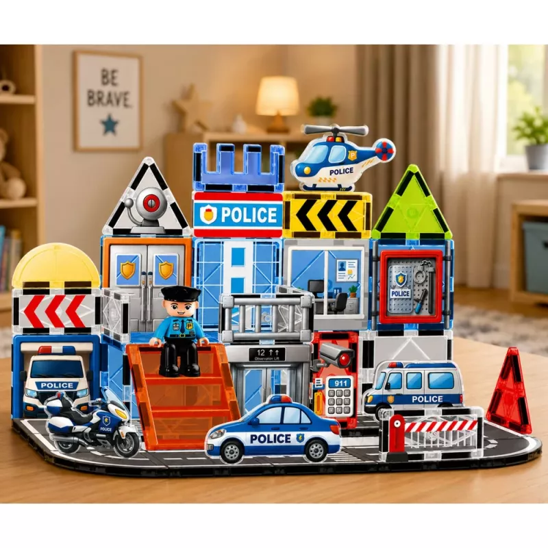 LEAN TOYS Bloques magnéticos base de policía vehículos policía 44 piezas