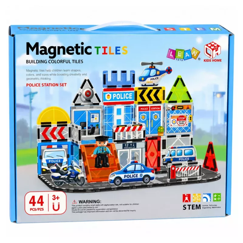 LEAN TOYS Bloques magnéticos base de policía vehículos policía 44 piezas