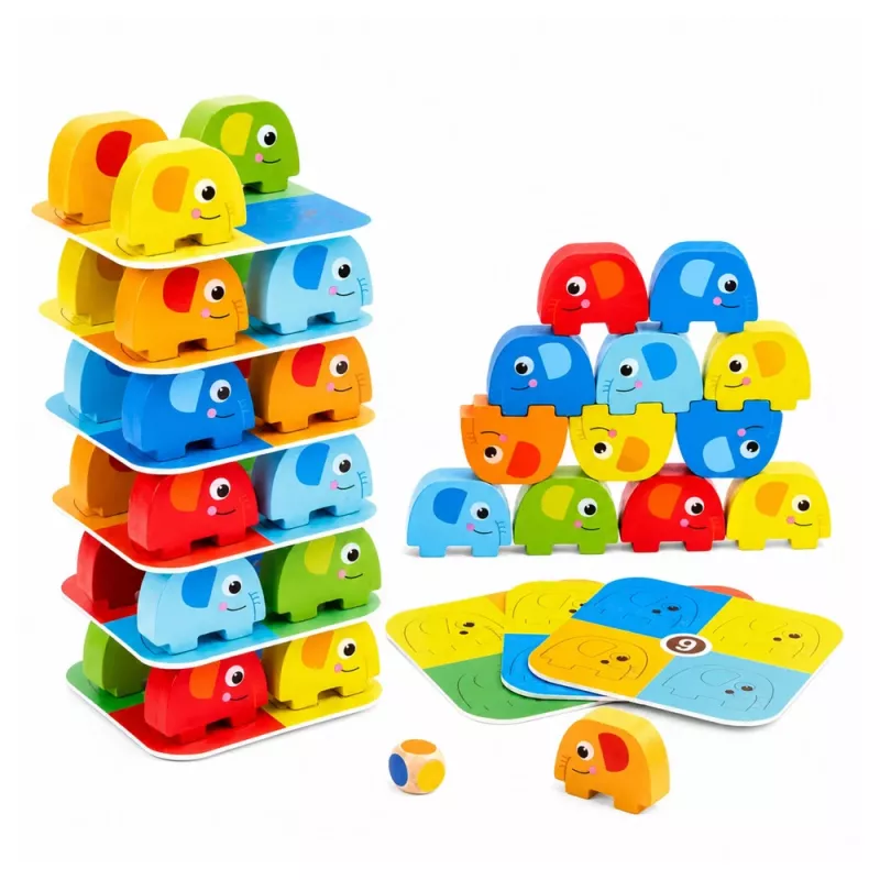 LEAN TOYS Torre de elefantes juego de habilidad elefantes en equilibrio con cartas de colores 46 piezas